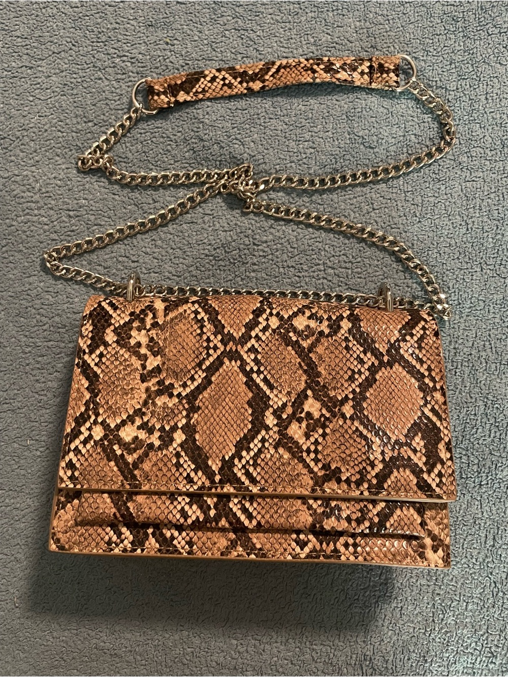Snake-Print Crossbody Bag with Silver Chain - Brown